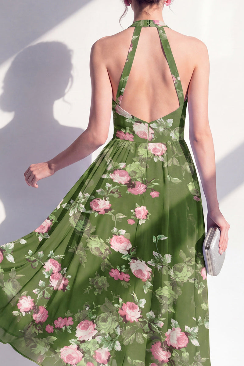 Laden Sie das Bild in den Galerie-Viewer, A-Line Chiffon Dunkelgrünes Neckholderhals-Midi-Blumenkleid