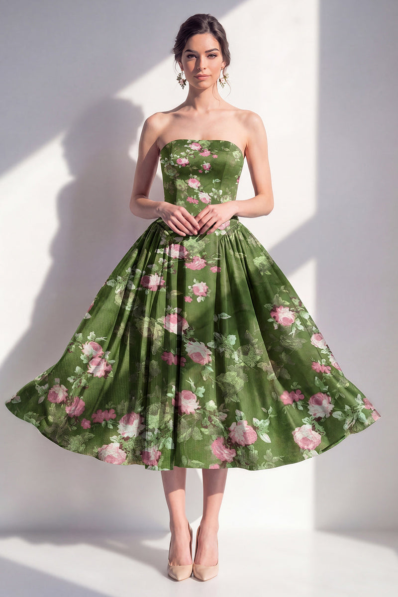 Laden Sie das Bild in den Galerie-Viewer, Trägerloses A-Linien-Chiffon dunkelgrünes Midi-Blumenkleid
