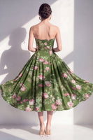 Laden Sie das Bild in den Galerie-Viewer, Trägerloses A-Linien-Chiffon dunkelgrünes Midi-Blumenkleid
