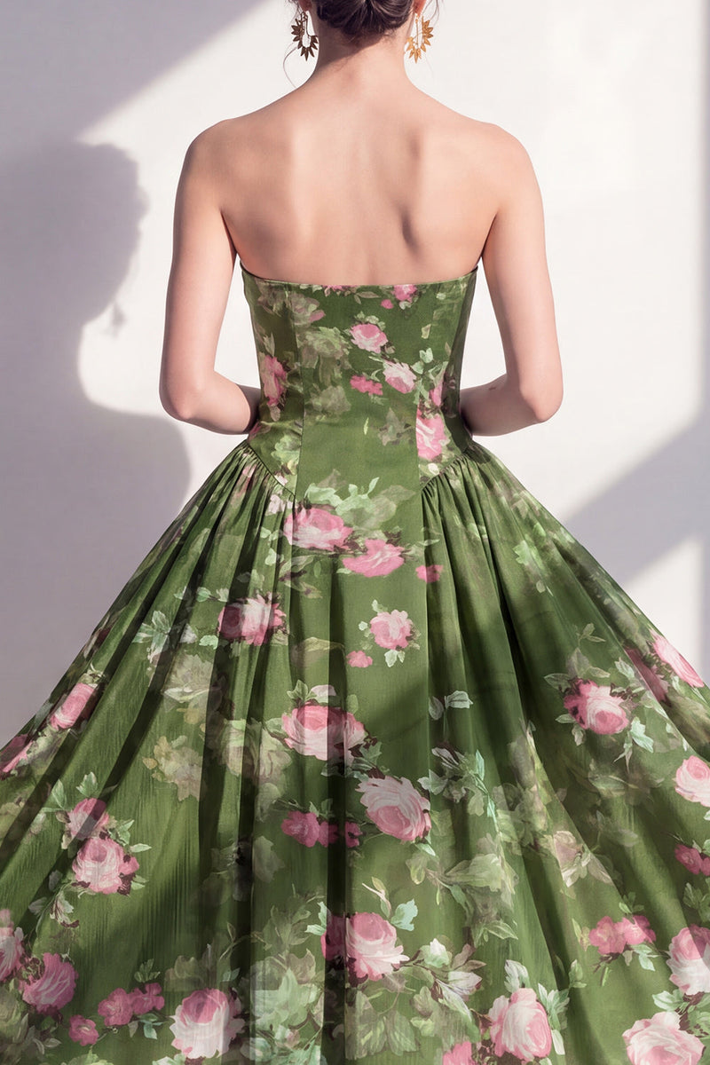 Laden Sie das Bild in den Galerie-Viewer, Trägerloses A-Linien-Chiffon dunkelgrünes Midi-Blumenkleid