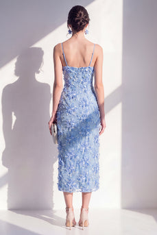 Blaues Sheath-Spaghetti-Träger mit Appliquiertem Blumen-Midi-Kleid mit Schlitz