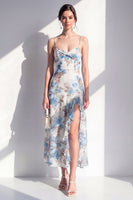 Laden Sie das Bild in den Galerie-Viewer, Rosa blumiges Spaghetti-Trägerloses Chiffon-Rüschen-Midi-Kleid mit Schlitz