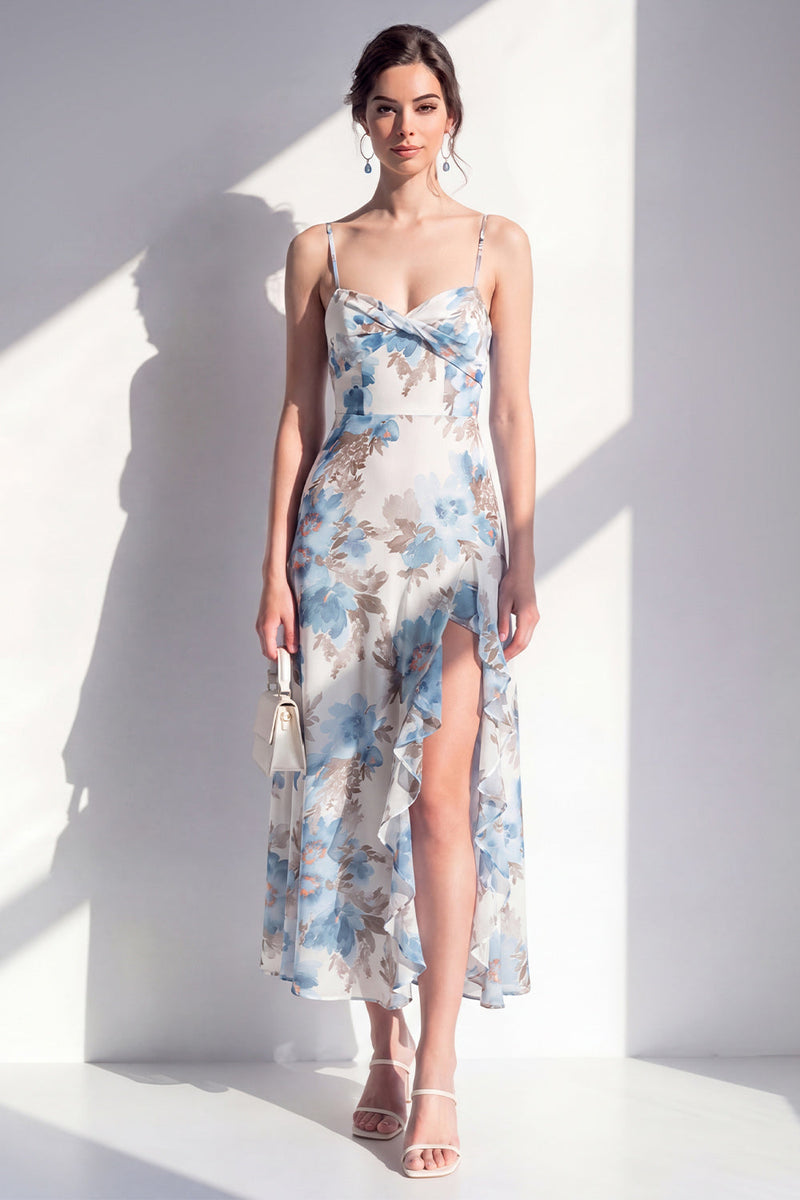 Laden Sie das Bild in den Galerie-Viewer, Rosa blumiges Spaghetti-Trägerloses Chiffon-Rüschen-Midi-Kleid mit Schlitz