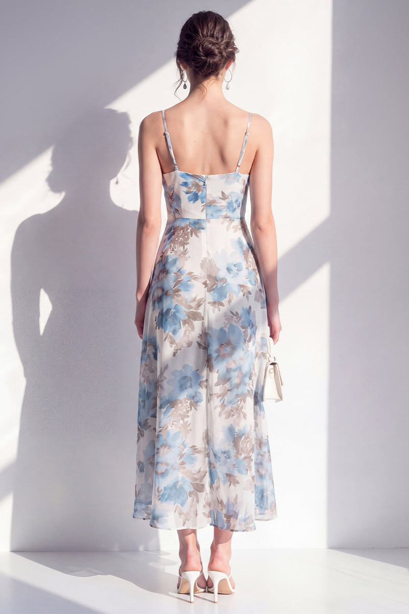 Laden Sie das Bild in den Galerie-Viewer, Rosa blumiges Spaghetti-Trägerloses Chiffon-Rüschen-Midi-Kleid mit Schlitz