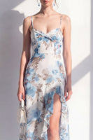 Laden Sie das Bild in den Galerie-Viewer, Rosa blumiges Spaghetti-Trägerloses Chiffon-Rüschen-Midi-Kleid mit Schlitz