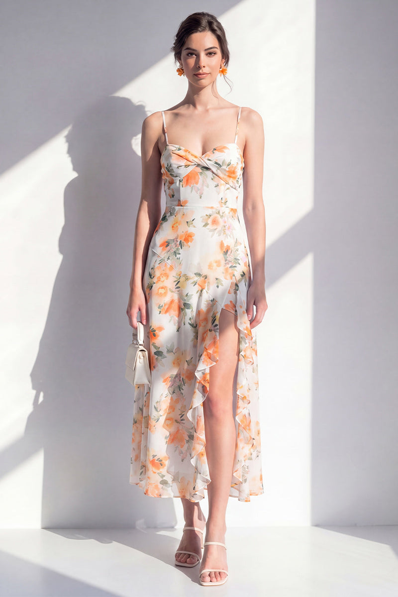 Laden Sie das Bild in den Galerie-Viewer, Rosa blumiges Spaghetti-Trägerloses Chiffon-Rüschen-Midi-Kleid mit Schlitz