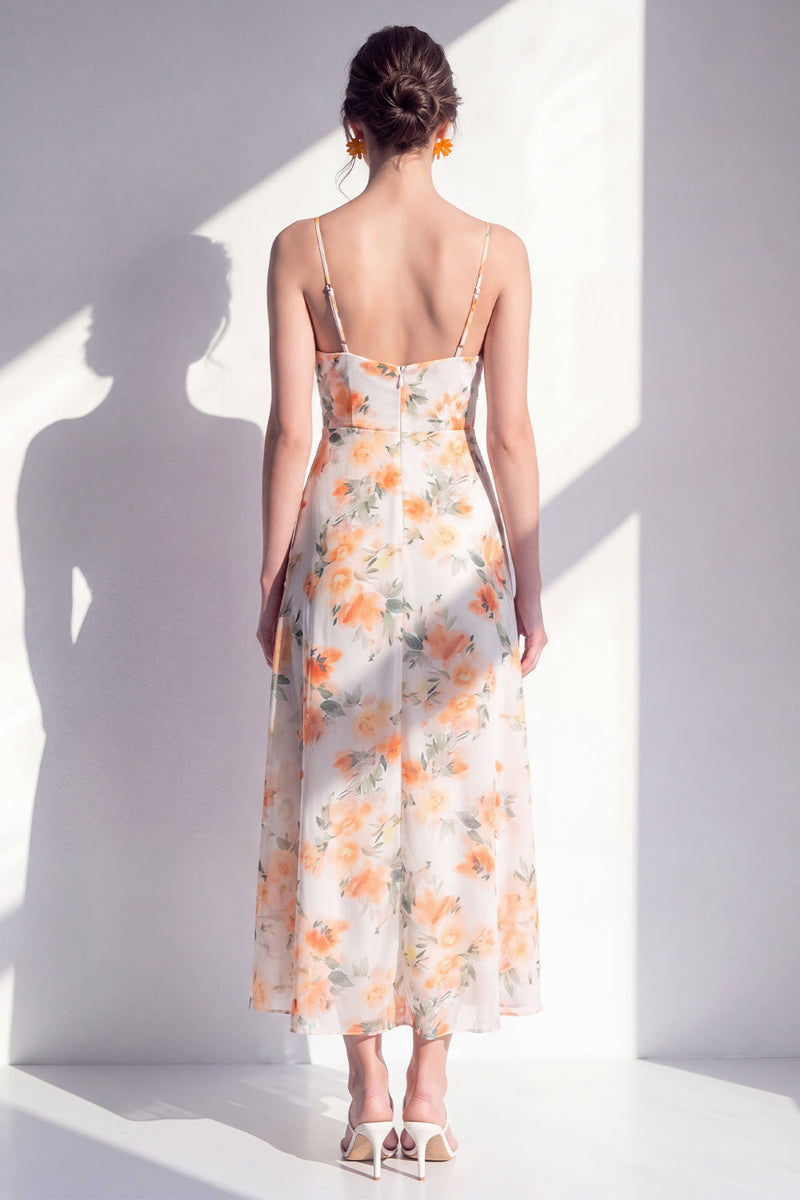 Laden Sie das Bild in den Galerie-Viewer, Rosa blumiges Spaghetti-Trägerloses Chiffon-Rüschen-Midi-Kleid mit Schlitz