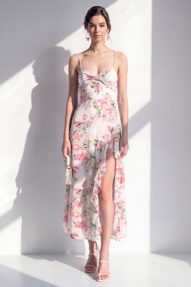 Laden Sie das Bild in den Galerie-Viewer, Rosa blumiges Spaghetti-Trägerloses Chiffon-Rüschen-Midi-Kleid mit Schlitz