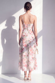 Rosa blumiges Spaghetti-Trägerloses Chiffon-Rüschen-Midi-Kleid mit Schlitz