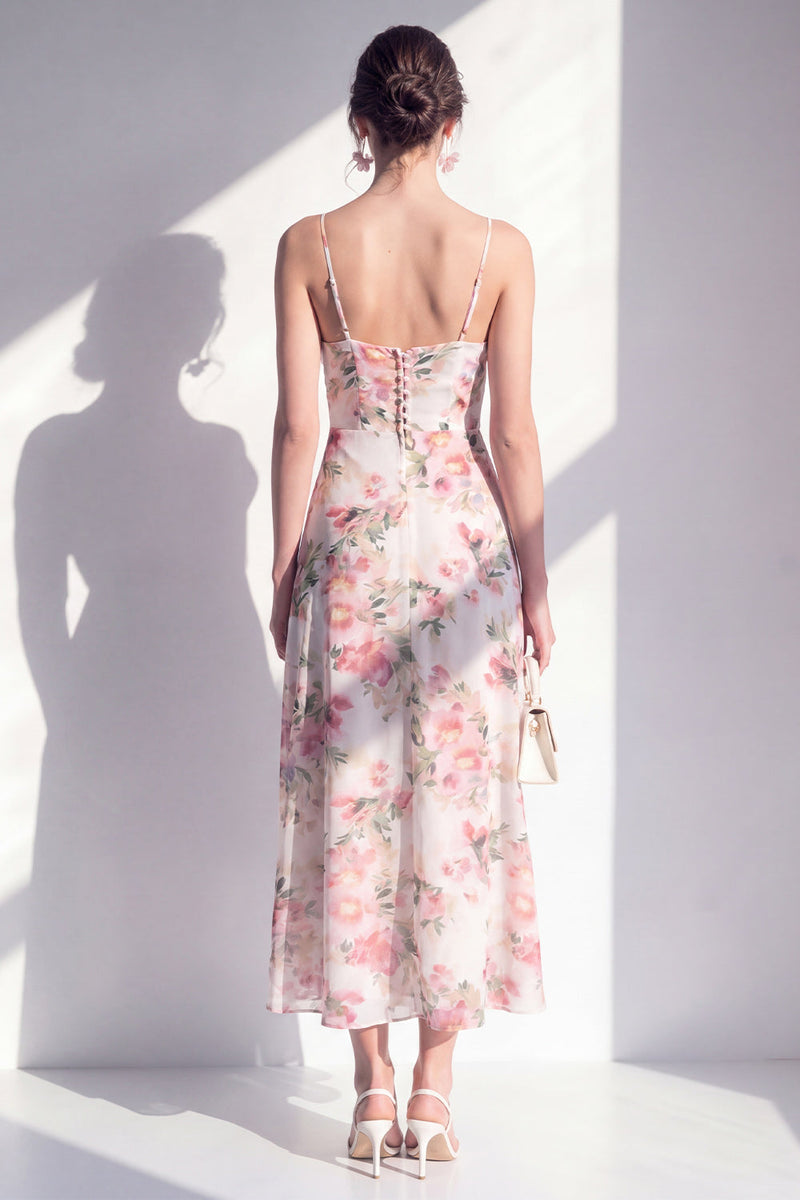 Laden Sie das Bild in den Galerie-Viewer, Rosa blumiges Spaghetti-Trägerloses Chiffon-Rüschen-Midi-Kleid mit Schlitz