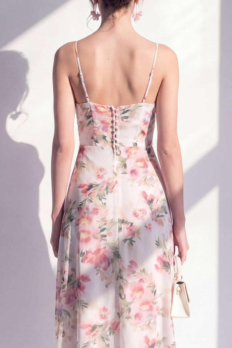 Laden Sie das Bild in den Galerie-Viewer, Rosa blumiges Spaghetti-Trägerloses Chiffon-Rüschen-Midi-Kleid mit Schlitz