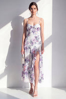 Laden Sie das Bild in den Galerie-Viewer, Rosa blumiges Spaghetti-Trägerloses Chiffon-Rüschen-Midi-Kleid mit Schlitz
