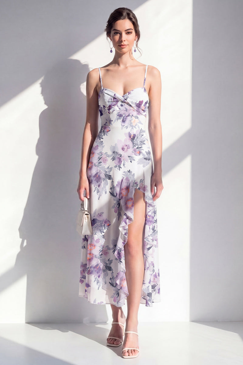 Laden Sie das Bild in den Galerie-Viewer, Rosa blumiges Spaghetti-Trägerloses Chiffon-Rüschen-Midi-Kleid mit Schlitz