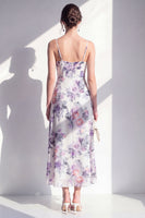 Laden Sie das Bild in den Galerie-Viewer, Rosa blumiges Spaghetti-Trägerloses Chiffon-Rüschen-Midi-Kleid mit Schlitz
