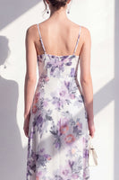 Laden Sie das Bild in den Galerie-Viewer, Rosa blumiges Spaghetti-Trägerloses Chiffon-Rüschen-Midi-Kleid mit Schlitz