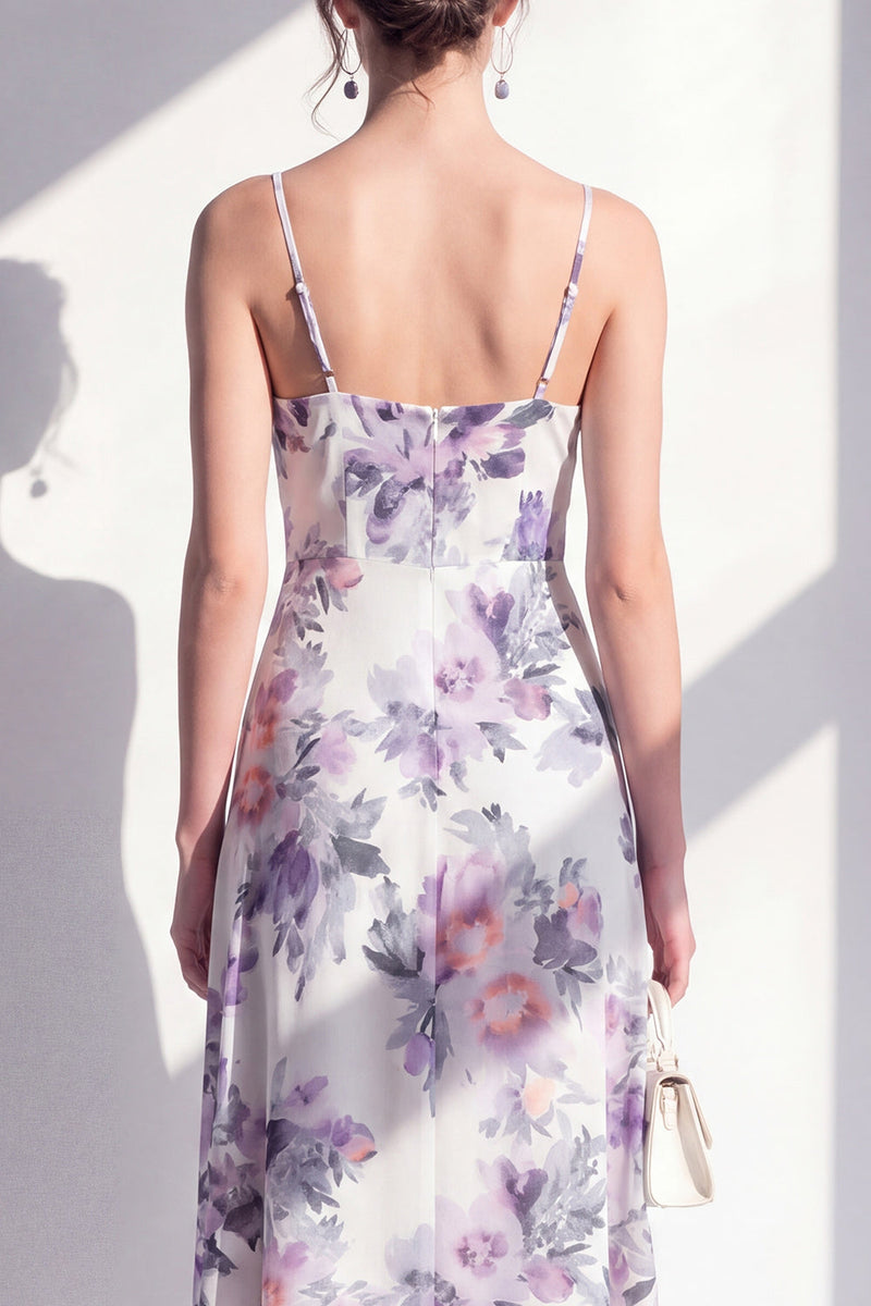Laden Sie das Bild in den Galerie-Viewer, Rosa blumiges Spaghetti-Trägerloses Chiffon-Rüschen-Midi-Kleid mit Schlitz