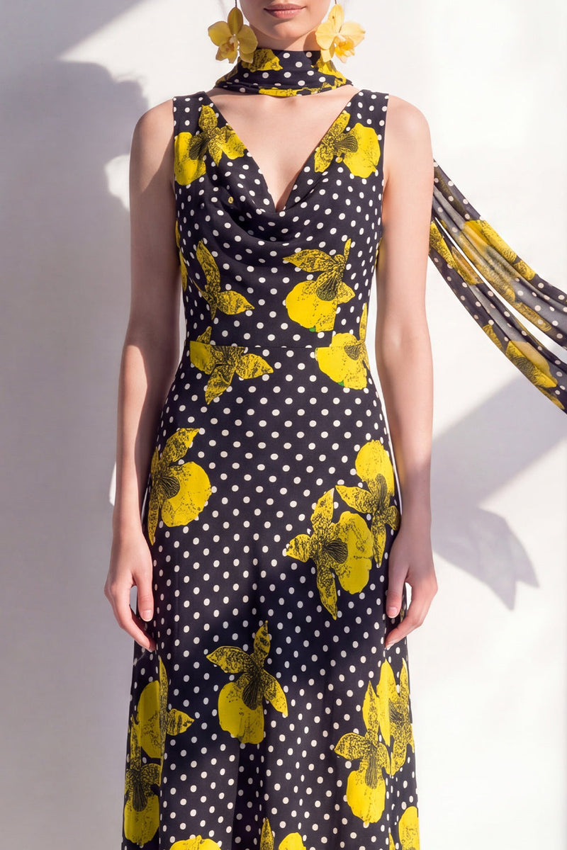Laden Sie das Bild in den Galerie-Viewer, Schwarzes, gelbes Blummen-A-Linien-Chiffon-Chiffon-Kleid mit Halsschal