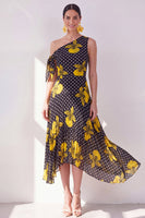 Laden Sie das Bild in den Galerie-Viewer, Schwarzes, gelbes A-Linien-Chiffon-Midi-Kleid mit A-Linie
