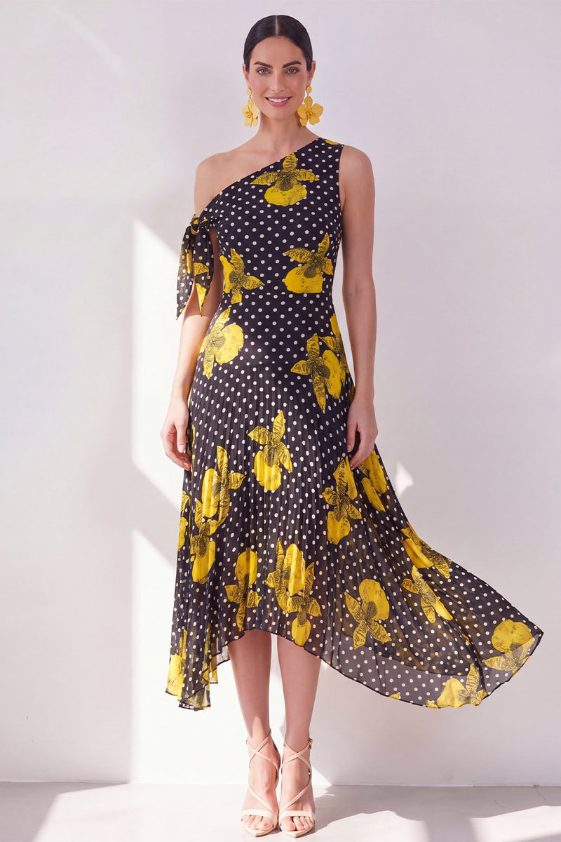 Laden Sie das Bild in den Galerie-Viewer, Schwarzes, gelbes A-Linien-Chiffon-Midi-Kleid mit A-Linie
