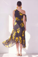 Laden Sie das Bild in den Galerie-Viewer, Schwarzes, gelbes A-Linien-Chiffon-Midi-Kleid mit A-Linie