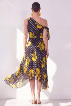Schwarzes, gelbes A-Linien-Chiffon-Midi-Kleid mit A-Linie