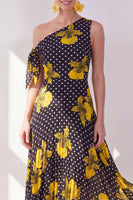Laden Sie das Bild in den Galerie-Viewer, Schwarzes, gelbes A-Linien-Chiffon-Midi-Kleid mit A-Linie
