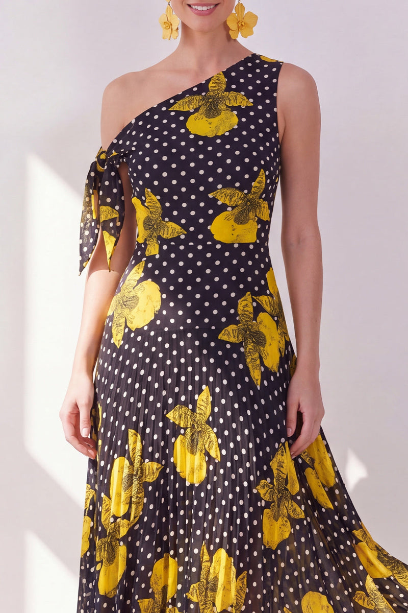 Laden Sie das Bild in den Galerie-Viewer, Schwarzes, gelbes A-Linien-Chiffon-Midi-Kleid mit A-Linie
