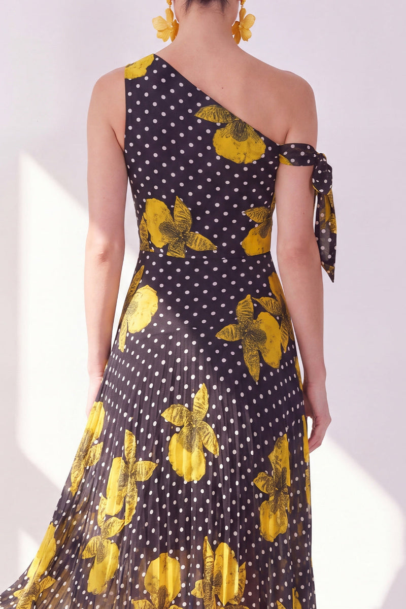 Laden Sie das Bild in den Galerie-Viewer, Schwarzes, gelbes A-Linien-Chiffon-Midi-Kleid mit A-Linie
