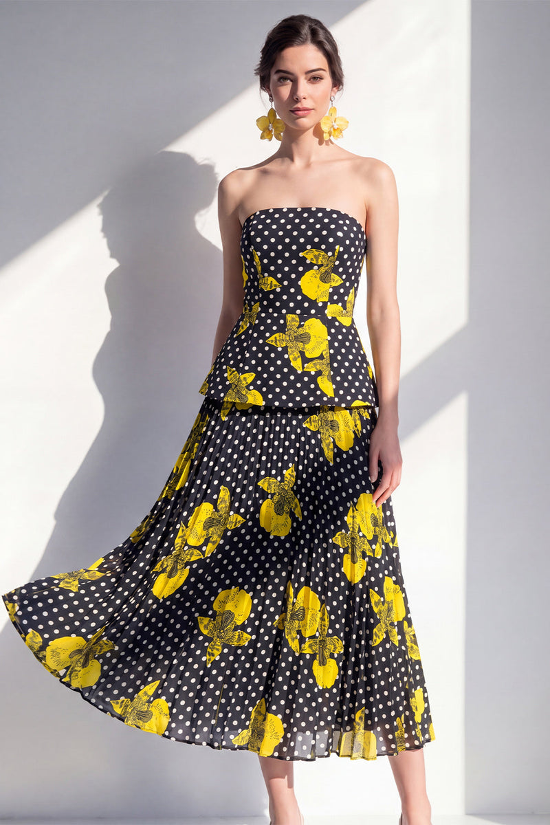 Laden Sie das Bild in den Galerie-Viewer, Trägerloses schwarzes, gelbes A-Linien-Chiffon-Midi-Kleid