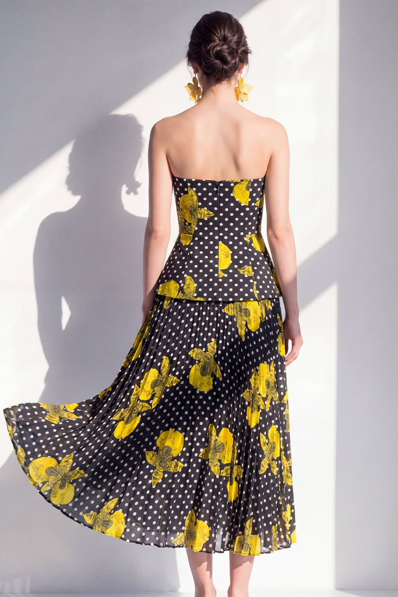 Laden Sie das Bild in den Galerie-Viewer, Trägerloses schwarzes, gelbes A-Linien-Chiffon-Midi-Kleid