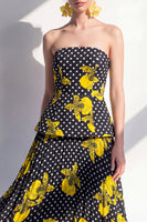 Laden Sie das Bild in den Galerie-Viewer, Trägerloses schwarzes, gelbes A-Linien-Chiffon-Midi-Kleid