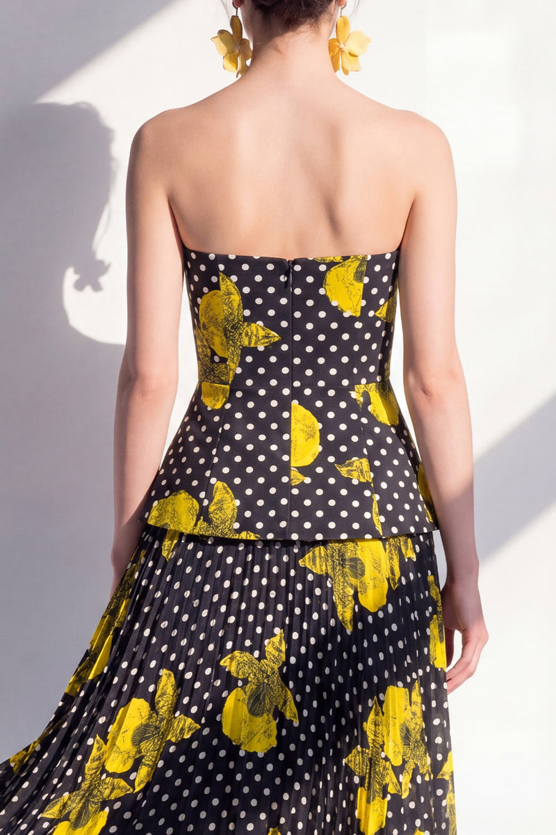 Laden Sie das Bild in den Galerie-Viewer, Trägerloses schwarzes, gelbes A-Linien-Chiffon-Midi-Kleid