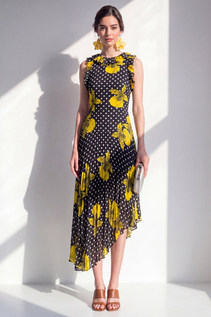 Laden Sie das Bild in den Galerie-Viewer, Schwarzes, gelbes Blumen-A-Linien-Asymmetrisches Chiffon-Midi-Kleid mit A-Rundhals