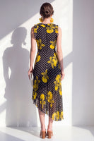 Laden Sie das Bild in den Galerie-Viewer, Schwarzes, gelbes Blumen-A-Linien-Asymmetrisches Chiffon-Midi-Kleid mit A-Rundhals