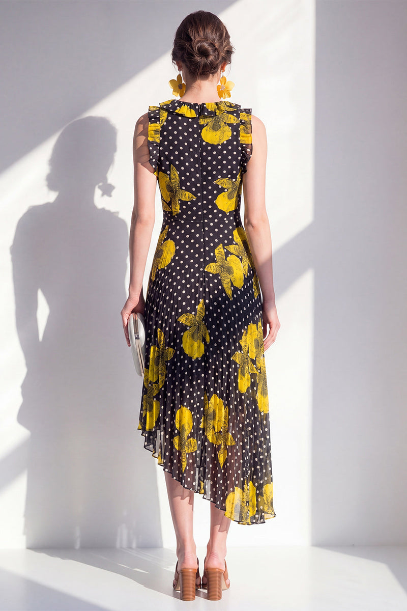 Laden Sie das Bild in den Galerie-Viewer, Schwarzes, gelbes Blumen-A-Linien-Asymmetrisches Chiffon-Midi-Kleid mit A-Rundhals