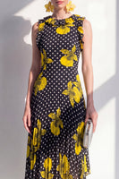 Laden Sie das Bild in den Galerie-Viewer, Schwarzes, gelbes Blumen-A-Linien-Asymmetrisches Chiffon-Midi-Kleid mit A-Rundhals