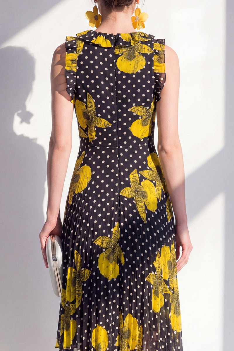 Laden Sie das Bild in den Galerie-Viewer, Schwarzes, gelbes Blumen-A-Linien-Asymmetrisches Chiffon-Midi-Kleid mit A-Rundhals