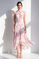 Laden Sie das Bild in den Galerie-Viewer, Pink-Flower A-Linie Chiffon Neckholder-Midi-Kleid