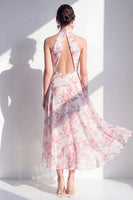 Laden Sie das Bild in den Galerie-Viewer, Pink-Flower A-Linie Chiffon Neckholder-Midi-Kleid