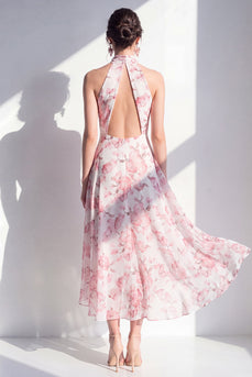 Pink-Flower A-Linie Chiffon Neckholder-Midi-Kleid