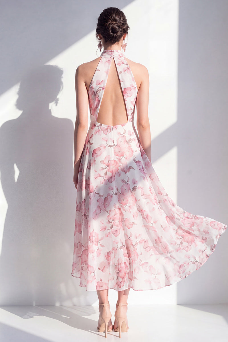 Laden Sie das Bild in den Galerie-Viewer, Pink-Flower A-Linie Chiffon Neckholder-Midi-Kleid