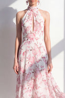 Laden Sie das Bild in den Galerie-Viewer, Pink-Flower A-Linie Chiffon Neckholder-Midi-Kleid