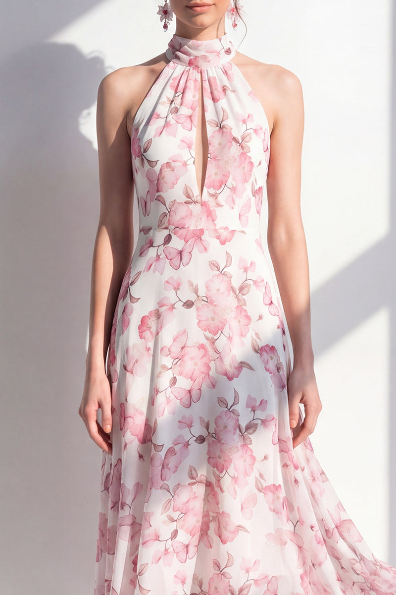 Laden Sie das Bild in den Galerie-Viewer, Pink-Flower A-Linie Chiffon Neckholder-Midi-Kleid