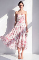 Laden Sie das Bild in den Galerie-Viewer, A-Line Pink Flower Chiffon Trägerloses Midi-Kleid