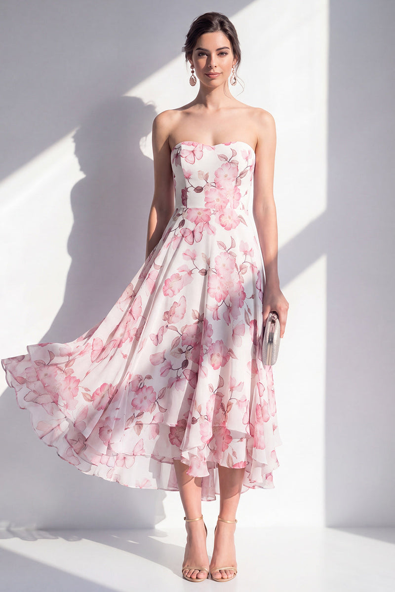Laden Sie das Bild in den Galerie-Viewer, A-Line Pink Flower Chiffon Trägerloses Midi-Kleid