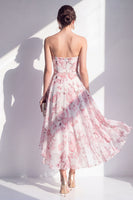Laden Sie das Bild in den Galerie-Viewer, A-Line Pink Flower Chiffon Trägerloses Midi-Kleid