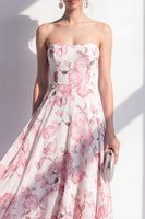 Laden Sie das Bild in den Galerie-Viewer, A-Line Pink Flower Chiffon Trägerloses Midi-Kleid