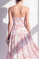 Laden Sie das Bild in den Galerie-Viewer, A-Line Pink Flower Chiffon Trägerloses Midi-Kleid