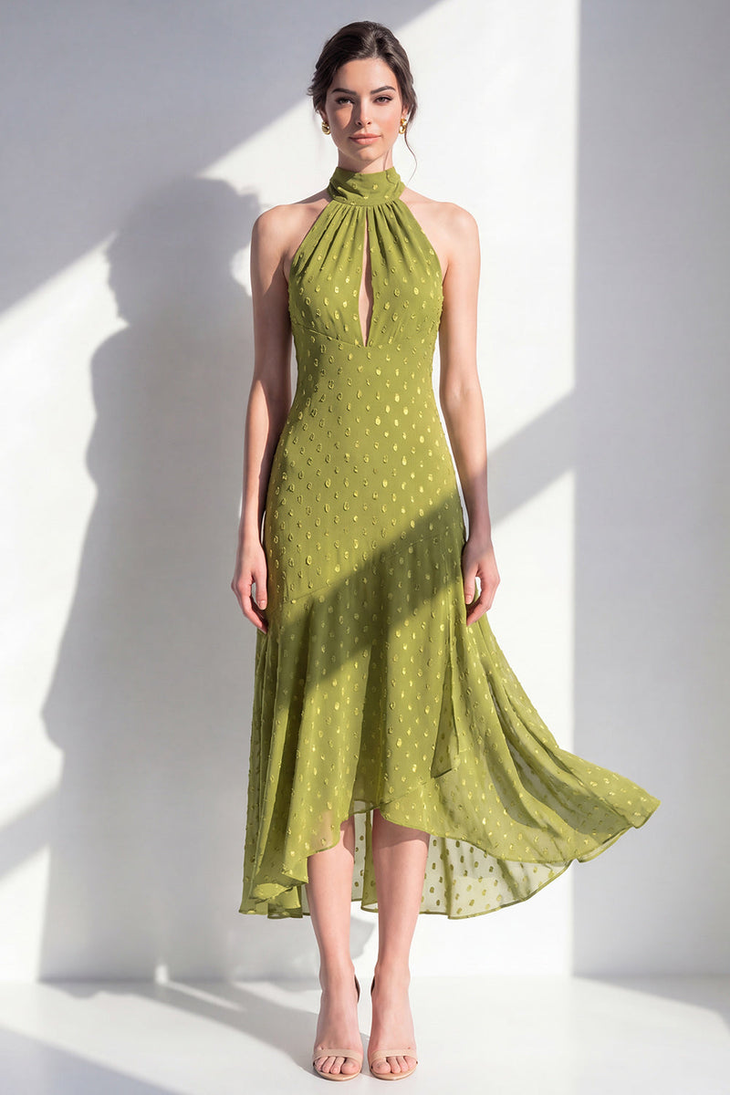 Laden Sie das Bild in den Galerie-Viewer, Olive A-Linie Chiffon-Midi-Kleid mit Neckholderhals