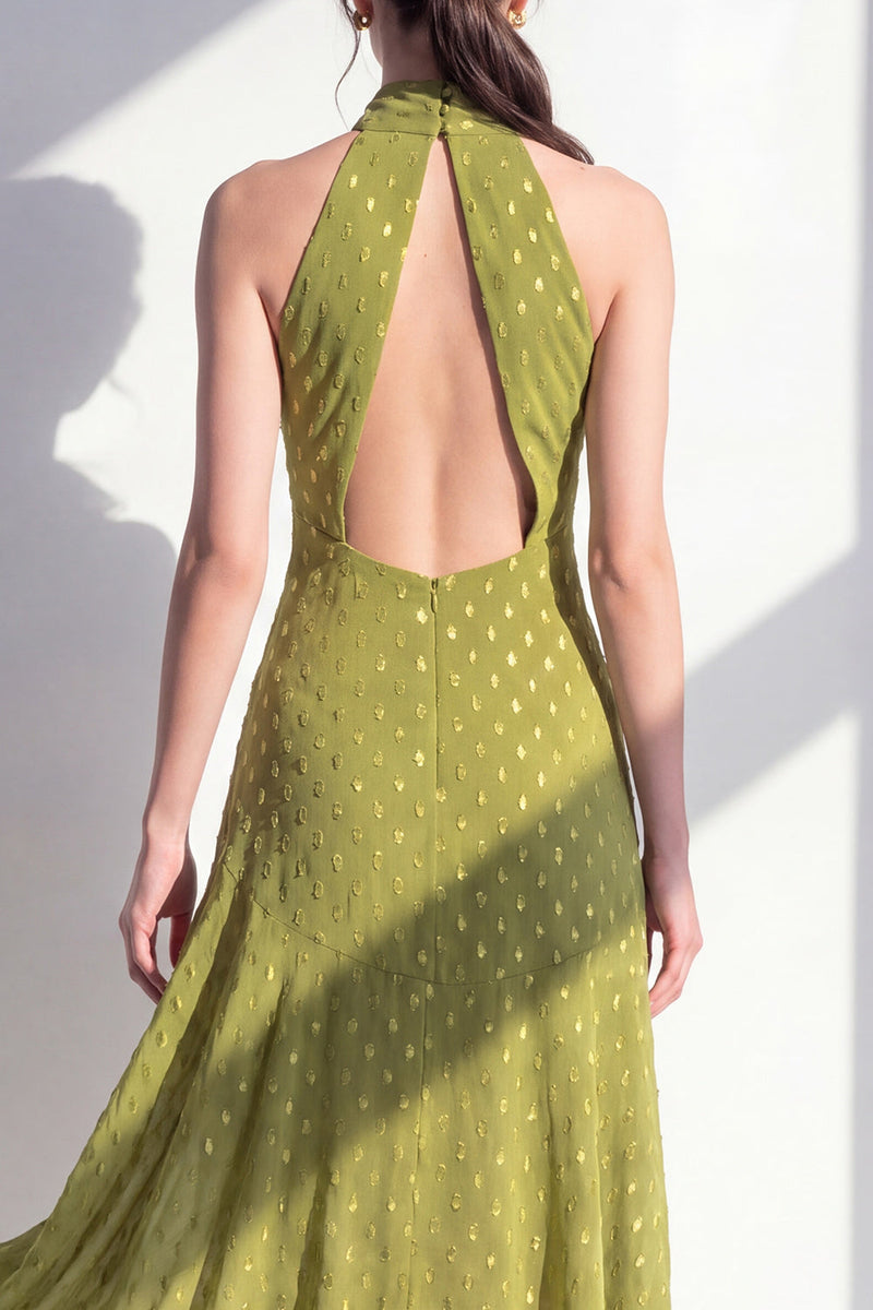 Laden Sie das Bild in den Galerie-Viewer, Olive A-Linie Chiffon-Midi-Kleid mit Neckholderhals